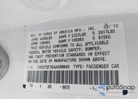 2010 Honda Accord 2.4 Lx из США, поврежденный, VIN 1HGCP2F35AA098848